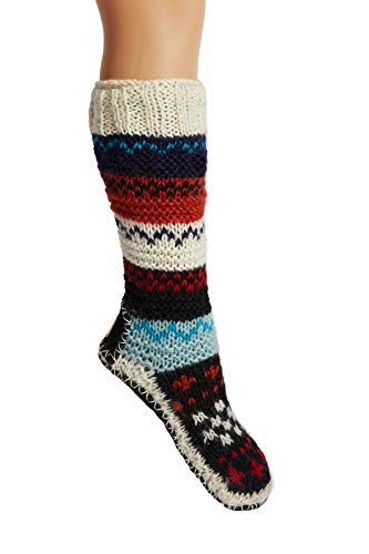 Hand Knit Wool Fleece Lined Long Slipper Socks | Tibetan Socks (Medium, Red, numeric_9)