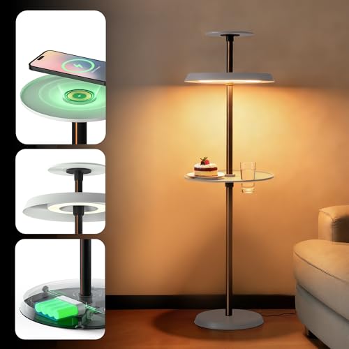 Tubicen Cordless Floor Lamp with Table Tray 5000mAh Battery Rechargeable Floor Lamps Wireless Charger Remote 3-Color 21W LED Dimmable Modern Standing Lamp for Living Room Bedroom Office
