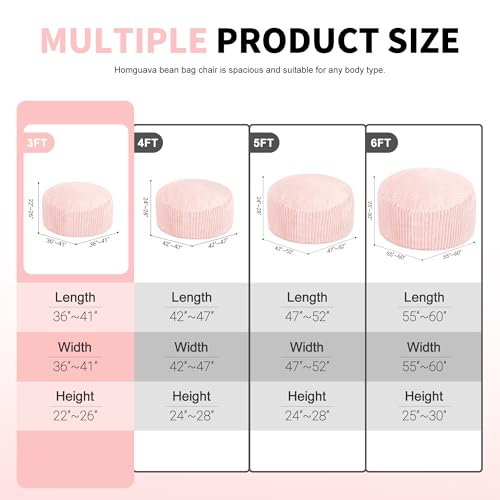 Homguava 3 FT Bean Bag Chair,3' Big Bean Bag,Large Bean Bag Chairs for Adults with Memory Foam Filled,Comfy Beanbag Chairs Soft Bean Bag Sofa with Dutch Corded Plush Cover-Soft Pink