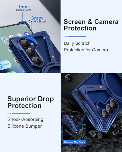 Image of Z Shaped Metal Frameless Phone Case for Samsung Galaxy Z Fold 7 with Wireless Charging | Minimalist Bezel Less with 360 Magnetic Ring Kickstand (Blue)