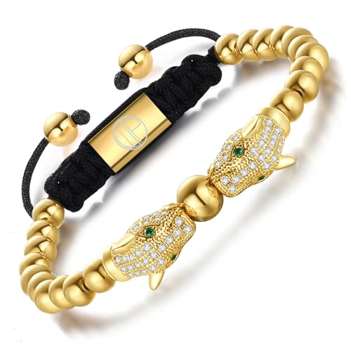 Gold Bracelets for Men 18K Gold Plated Stainless Steel Leopard Head Tiger Eye Stone Black Onyx Beads Handcrafted Adjustable Mens Bracelet Birthday Gift