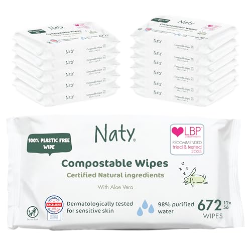 Naty Baby Wet Wipes Aloe | Natural, Unscented, 98% Purified Water for Sensitive Skin | Plant-Based & Fragrance-Free | Plastic-Free & Compostable | Diaper Wipes for Newborns | 672 Count (12 Packs)