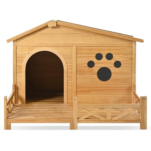 48" Wooden Dog House,Dog Kennel with Wide Porch,Water-Resistant Asphalt Roof and Fence,Indoor & Outdoor Dog Crate W/Paw Print Design,Easy Assembly & Cleaning,for Medium Dogs,Natural - Image 6