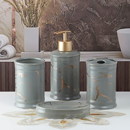 Image of SaSaSa Ceramic Bathroom Accessories Set of 4 Modern Bath Set with Soap Dispenser & Toothbrush Holder, Luxury Home & Gift Idea, Grey /Gold (8227)