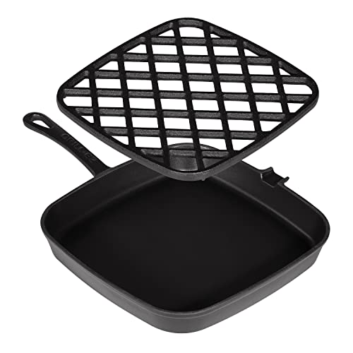 Grill Pan - 2-Part Cast Iron Grill Pan with Removable Grill Grate - Square Pans for Grilling, Searing, BBQ, and More - Oven-Safe Up To 450° - Ready Criss Cross Lines - Also Use as Griddle