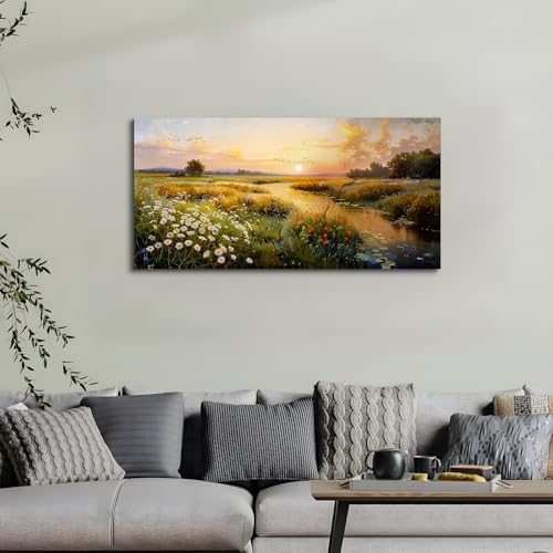 SERIMINO Large Canvas Wall Art, Sunset Landscape Canvas Prints, Marshland Scenery Paintings Wall Decor, Meadow Wildflowers Pictures Wall Decorations for Bedroom Living Room Dining Room 20"X40"