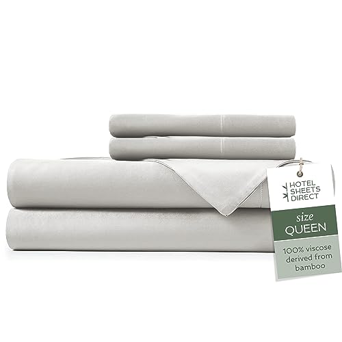 Hotel Sheets Direct 4 Piece Bed Sheet Set Queen Size, 100% Viscose Derived from Bamboo Sheets Set with 2 Pillowcases, Cooling & Breathable Luxury Bedding, Moisture-Wicking & Silky Soft, Light Gray