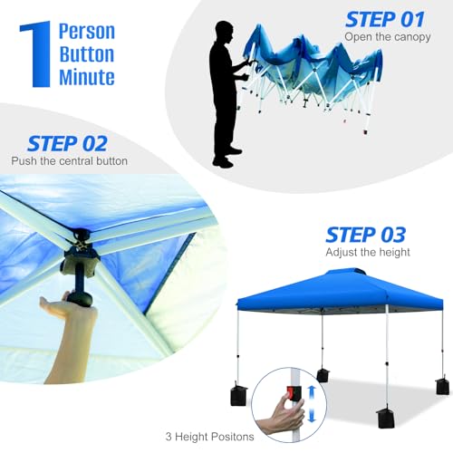 WEIZE Pop up Canopy Tent 10x10ft, 1-Button Push Setup, Instant Portable Shelter, Adjustable Height, Portable Roller Bag, 4 Weight Bags, Guy Ropes & Stakes Included Blue