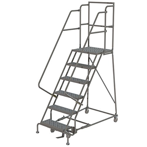 Image of Tri-Arc KDSR106166-D2 6-Step 20 inch Deep Top Steel Rolling Industrial & Warehouse Ladder with Handrails, 16 inch Wide Perforated Tread