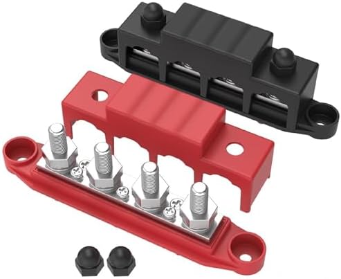 Jiawu 250A 12V Power Distribution Block Bus Bar 4 x 5/16" (M8) Studs 12 Volt Marine Bus Bar Battery Terminal Block with Cover for Marine, Automotive, RV, Solar, Positive & Negative (Red & Black)