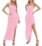 Capuffy Womens Tube Strapless Maxi Dress Irregular Ruffles Hem Cocktail Dress Off Shoulder Tassel High Slit Evening Gown 312(Pink,XS)