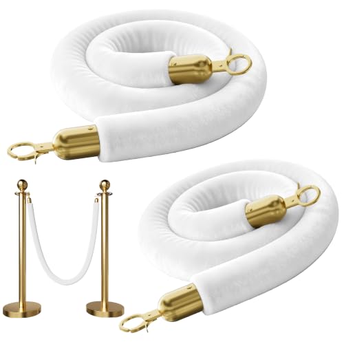 Image of 2PCS White Velvet Stanchion Ropes 5 Ft Crowd Control Ropes Barrier with Gold Hooks for Party Supplies,Photobooth Accessories, Prom,Birthday,Business,Wedding, Museums