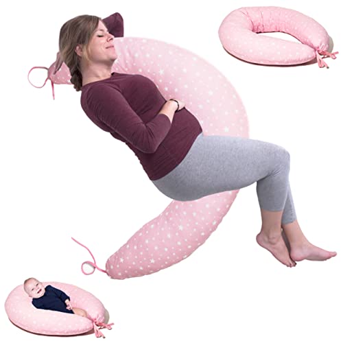 ZK ZuresKa Cojin Lactancia Embarazo y Almohada Bebe XXL. Cojín Embarazada Desenfundable y Lavable Relleno de Poliester Multiusos Maternidad. (Rosa_Estrellas)
