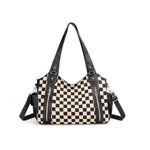 Image of hibear Checkered Hobo Bag for Women City Tote Handbag Trendy Slouchy Crossbody Bag Canvas Vintage Shoulder Bag 2026 New