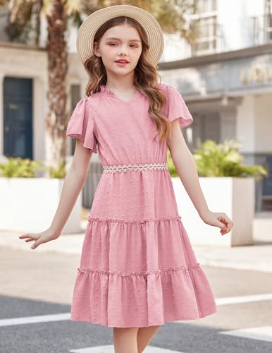 Arshiner Girls Dresses Summer Ruffle Sleeve Swiss Dot V Neck Twirl Birthday Party Midi Dress with Pockets4