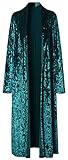 ezShe Women's Lapel Collar Open Front Long Velvet Trench Coat, Green S