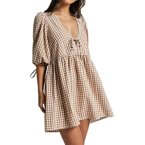PINUPART Women's Casual Tie Front Puff Sleeve Mini Gingham Dress Caramel White M Cover