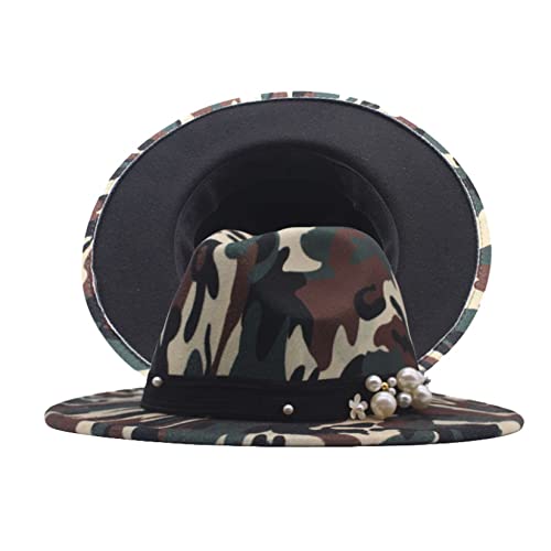Wide-Brim Vintage Fedora Hat For Men & Women Panama Style Camouflage Felt Cap Jazz Hat With Pearl Band For Outdoor #TOP6