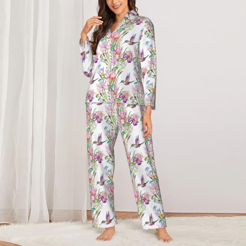 Ensemble de pyjama en maille douce imprimé oiseaux et flore haut de gamme