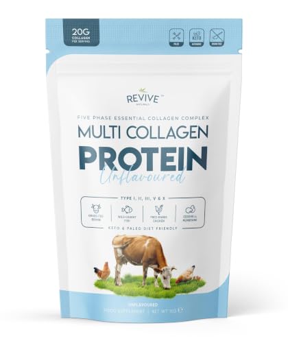 Multi colágeno en polvo proteico (1 kg) - Tipos I, II, III, V y X - Colágeno hidrolizado de bovino de pasto, pescado salvaje, pollo de corral y cáscara de huevo de Revive Naturals
