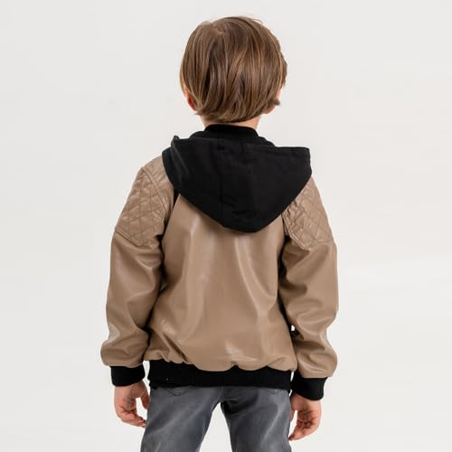 Image of Gold Class Kidswear Boys Leather Jacket with Hoodie, Faux Leather Jacket for Kids, Zipper Closure Boys Leather Jacket