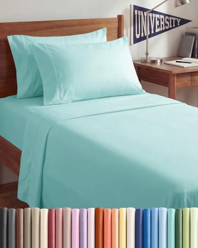 Image of Twin XL 4 Piece Sheet Set - College Dorm Room Essentials - Spa Blue | Ultra Soft Dorm Bedding Set, 8 inch to 16 inch Inch Deep Pockets, 1 Flat & 1 Fitted Sheet & 2 Pillowcases, Wrinkle & Fade Free