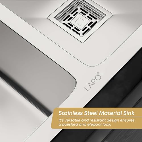 Image of LAPO Double Bowl Stainless Steel Sink for Kitchen | 37x18x9 Inch UV Safe Surface | Integrated Tap Cutout | Provided with Drain System, Pipe & Strainer | 20 Years Warranty (Silver Matt)