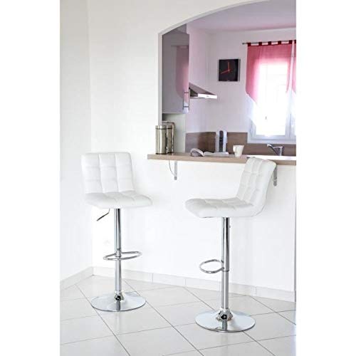 Pack 2 Taburetes Altos de Cocina con Respaldo de 43 cm de Altura, Taburetes Tapizados en Piel Sintética, Taburetes Cocina Bar con Goma Antideslizantee (2, Blanco) Cover