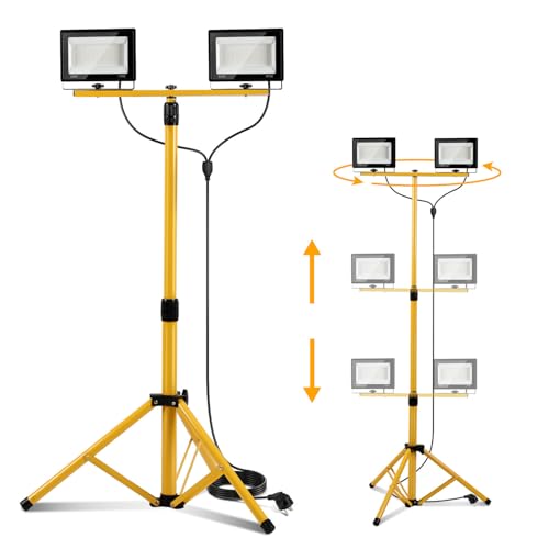 Projecteur de chantier ISOISL avec trépied 2x50W, projecteur LED 2x5000 lumens, télescopique réglable à 1,60 m, rotation à 360°, câble de 300 cm, IP66 pour garage, atelier, chantier, blanc froid