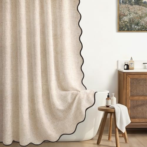XOGUIBO Extra Long Shower Curtains 80 Inch Linen Beige Cute Black Scalloped Boho Modern Shower Curtains for Bathroom Set, 72' W x 80' L