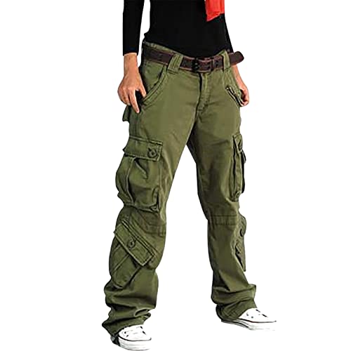 whitzard Pantalon Cargo Femme Décontracté Pantalon de Plein Air Pantalon Travail Femme Militaire Taille Haute Casual avec Multi-Poches Ample à Fermeture (XL, Vert) Cover