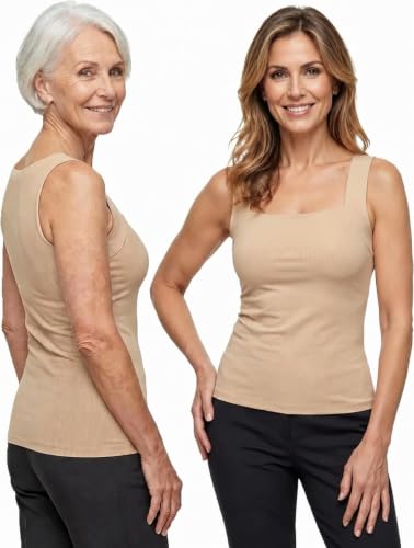 Avulea Womens Tank Top with Built-in Bra Seamless Shapewear Square Neck Hip-Length Non-Roll Hem Nude
