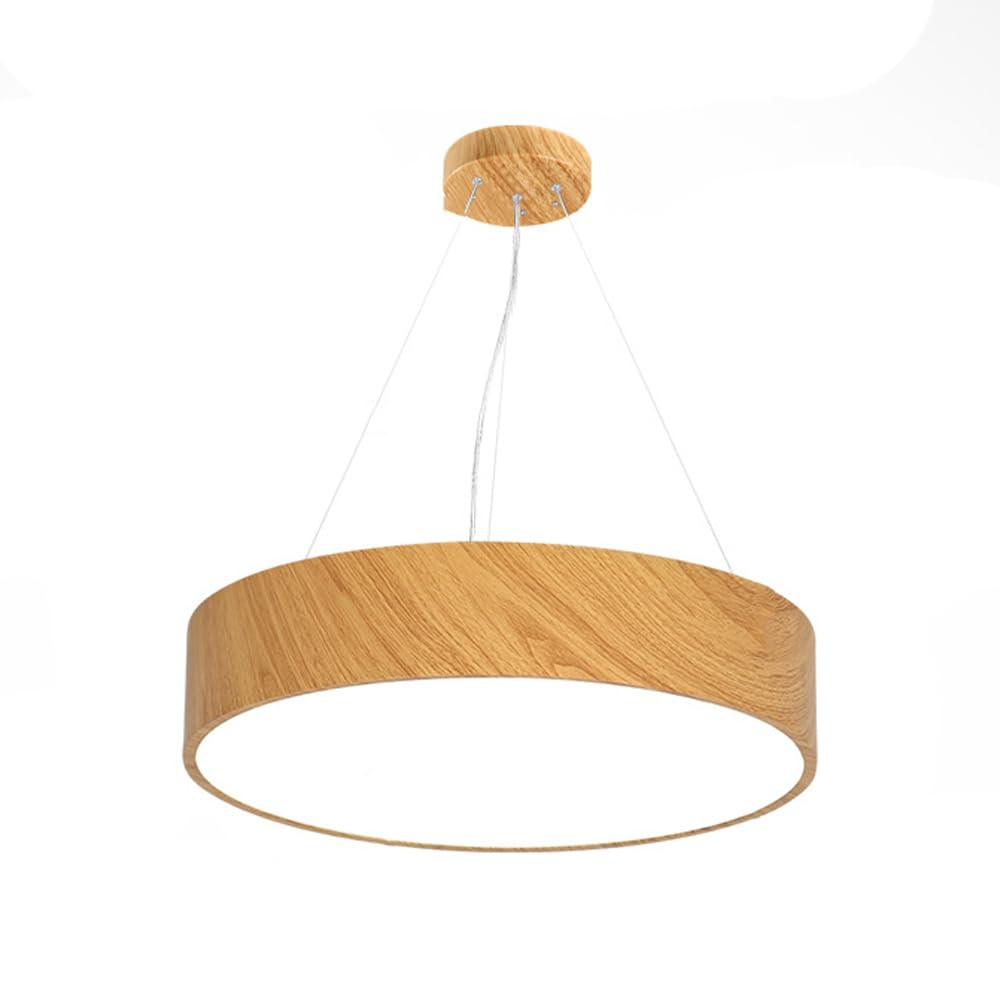 Plafonnier moderne LED aspect bois de 60cm et suspension ronde de bureau