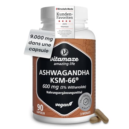 Ashwagandha Bio KSM-66® 9000 mg (15:1) Haute Puissance 3 Mois (90 Gélules, Une par Jour) Extrait de Racine avec 5% Withanolides Végane Sans Additifs
