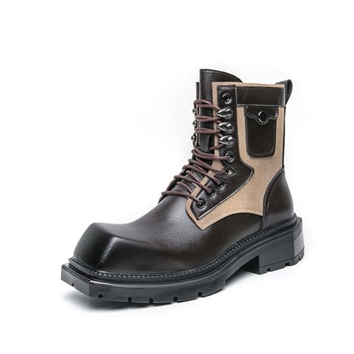 Image of Men's Retro Motorcycle Combat Boots - Square Toe Platform High Top Lace Up Ankle Boots, Chunky Heel Casual Dress Shoes Non-Slip