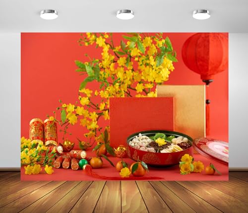 BELECO 7x5ft Fabric Chinese New Year Backdrop Vietnamese New Year TET Decorations Box with Sweet Snacks, Yellow Blooming Flowers Spring Festival Background Asian Lunar New Year Party Photo Prop