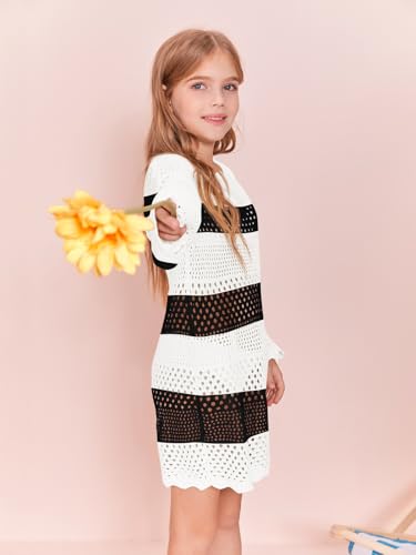 Image of Batermoon Girls Crochet Long Sleeve Swimsuit Cover Up Kids Fashion Hollow Out Swimwear Beach Dress 5-14 Years
