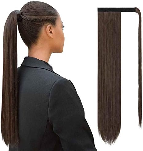 Sofeiyan Long Straight Ponytail Extension 26 inch Wrap Around Ponytail Synthetic Hair Extensions Clip in Ponytail Hairpiece for Women, Darkest Brown & Dark Auburn Mixed