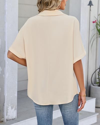 IEEILULU Women Striped Collared Shirt Casual Short Sleeve V Neck Blouse Tops Loose Fit Business Work Dressy Shirts Apricot Striped L — view 4