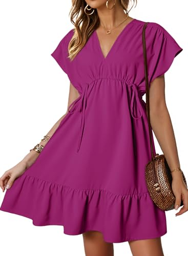 Dokotoo Sundresses for Women Casual Beach Short Sleeve V Neck Drawstring Ruched Elegant High Waist Babydoll Party Summer Dresses 2024 Ruffle A-Line Swing Mini Short Shift Dress Rosy Large