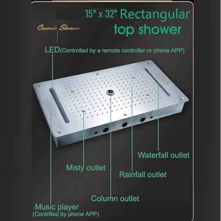 Cascada Luxurious Recessed 15 x 32 Bluetooth LED Shower System, 7 knob Thermostatic Valve, 6 Functions (Rainfall, Waterfall, SPA Mist, Column, Body jet & Handheld Shower) (Antique Brass)
