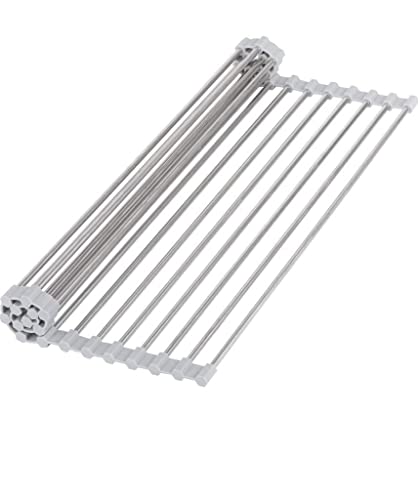 Escurridor de platos DD enrollable de acero inoxidable, resistente sobre el fregadero, alambre de acero para encimera de fregadero de cocina, versátil enrollable (17.5 x 11.5 pulgadas)