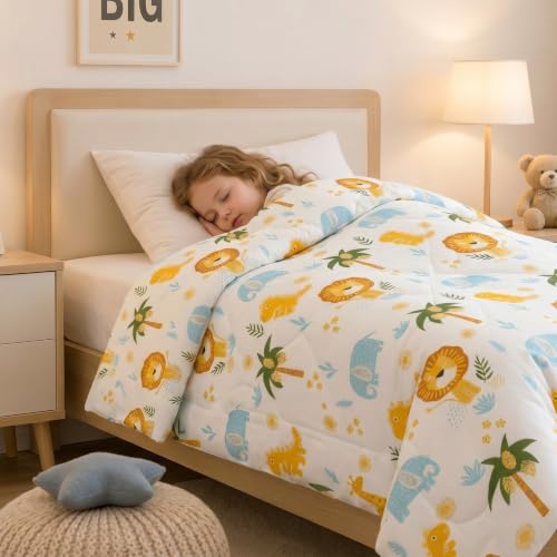 Image of Filymore Single Bed Cartoon Printed Blankets for Kids | Dohar for Kid Boys & Girls | Glace Cotton Soft Children Comforters | Summer & Winter Blankets (60x90 Inches) (Lion White)