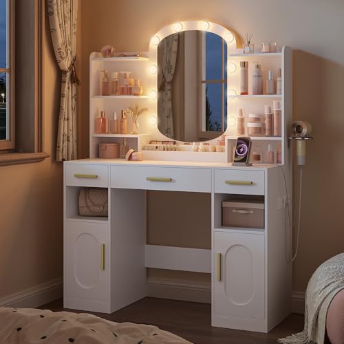 HEXCELEN Tocador, Mesa de Maquillaje con Espejo Ovalado y Luces LED con Brillo Ajustable, Enchufes, Soporte para Secador de Pelo, Tocador de Maquillaje, 3 Cajones, 2 Armarios, Blanco - imagen 3