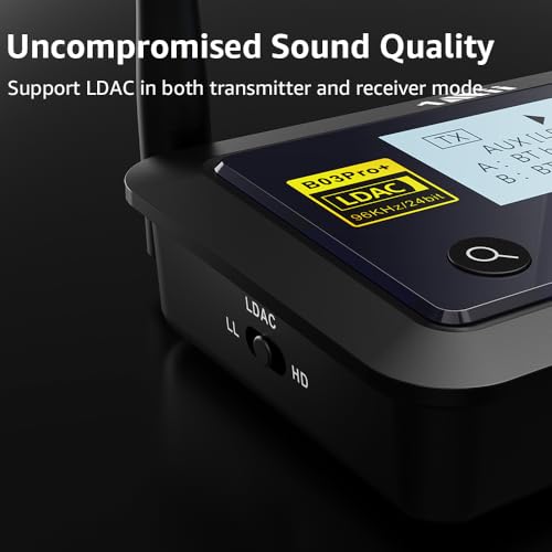 Image of 1Mii B03Pro+ Bluetooth 5.3 Transmitter Receiver Certified LDAC for TV Home Stereo, Long Range Bluetooth Extender Wireless Audio Adapter with Screen, Optical RCA AUX 3.5mm Outputs /Inputs