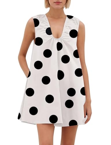 Image of Women Summer Sleeveless Babydoll Mini Dress Scoop Neck Loose Fit Tank Dresses Party Ruched Short Dress with Pockets