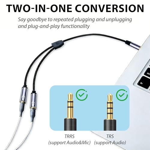 Kopfhöreradapter mit Trennkabel, 3,5-mm-Stecker in zwei 3,5-mm-Steckplätze (für Kopfhörer und Mikrofone), Y-förmiges Trennkabel, geeignet für Gaming-Kopfhörer, PS4, Xbox One, Handys und Laptops
