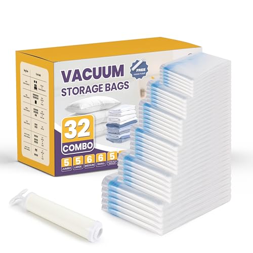 YSSOA 32 Combo Vacuum Seal Bags (5 Jumbo/5 L/6 M/6 S/5 Roll M/5 Roll S) 80% Space Saver Bags with Travelling Pump for Quilts and Blankets Storage