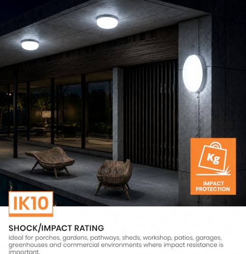Image of OLIPS LED Bulkhead Moon Light IP54 Waterproof Indoor /Outdoor Wall & Ceiling Light - Weatherproof, Shock Proof, Slim Plastic Surface-Mounted Fixture (18 WATT Round (Cool White), 2)
