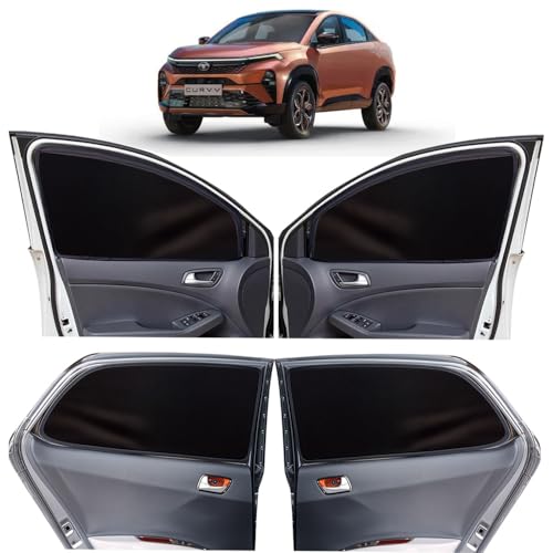 Image of OTO2EYE Car Sun Shade Compatible for Tata Curvv Z-Black Super Magnetic Grip, Front Window Zipper, Side Window Curtains, 4 Pieces Set